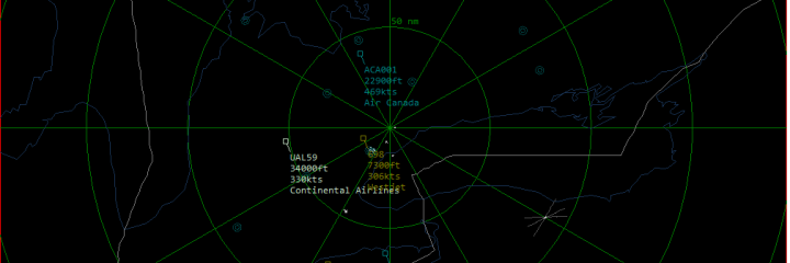 A screenshot from my BaseStation installation showing a handful of midday planes within range of Toronto CYYZ.