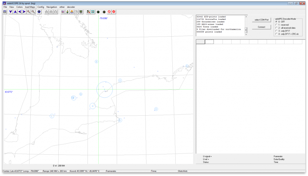 ADSBScope showing the map for Canada.