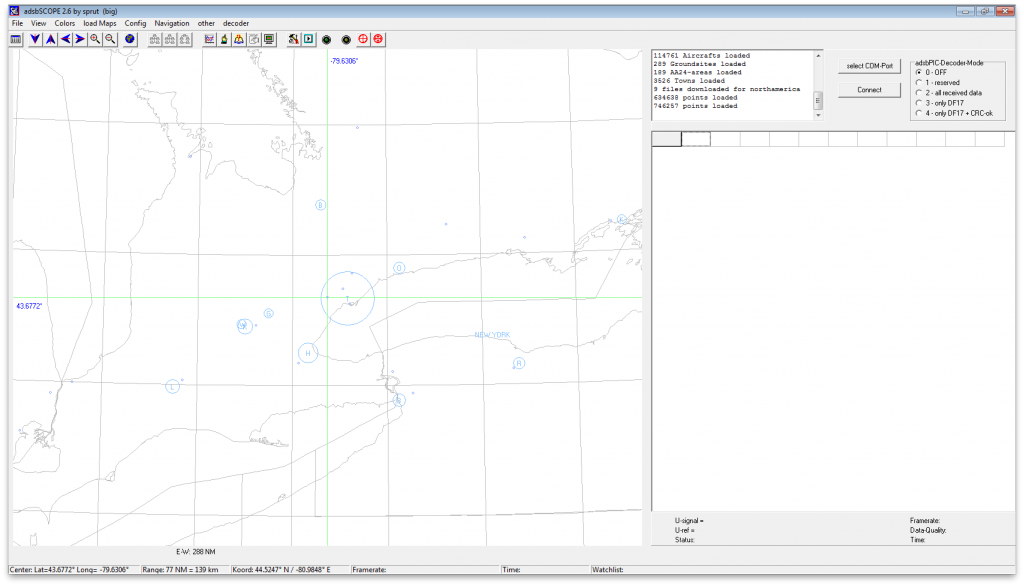 ADSBScope showing the map for Canada and the United States. The entire outline of the Great Lakes is now visible.