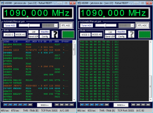 RTL1090 can display either a list of flights being tracked, as on the left, or a steady stream of the data as it is received, as on the right.